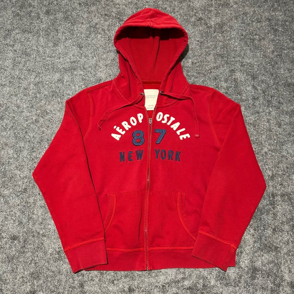 Aeropostale Red Full Zip Hoodie 87 New York Graphic Sweatshirt Size XL